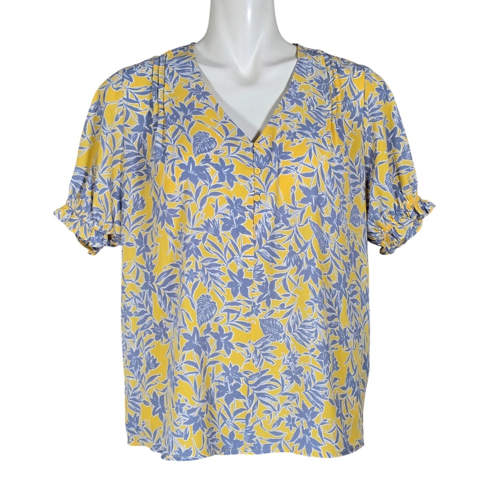 Eclair Women's Yellow Lavender Floral Flutter Sleeve Blouse Small